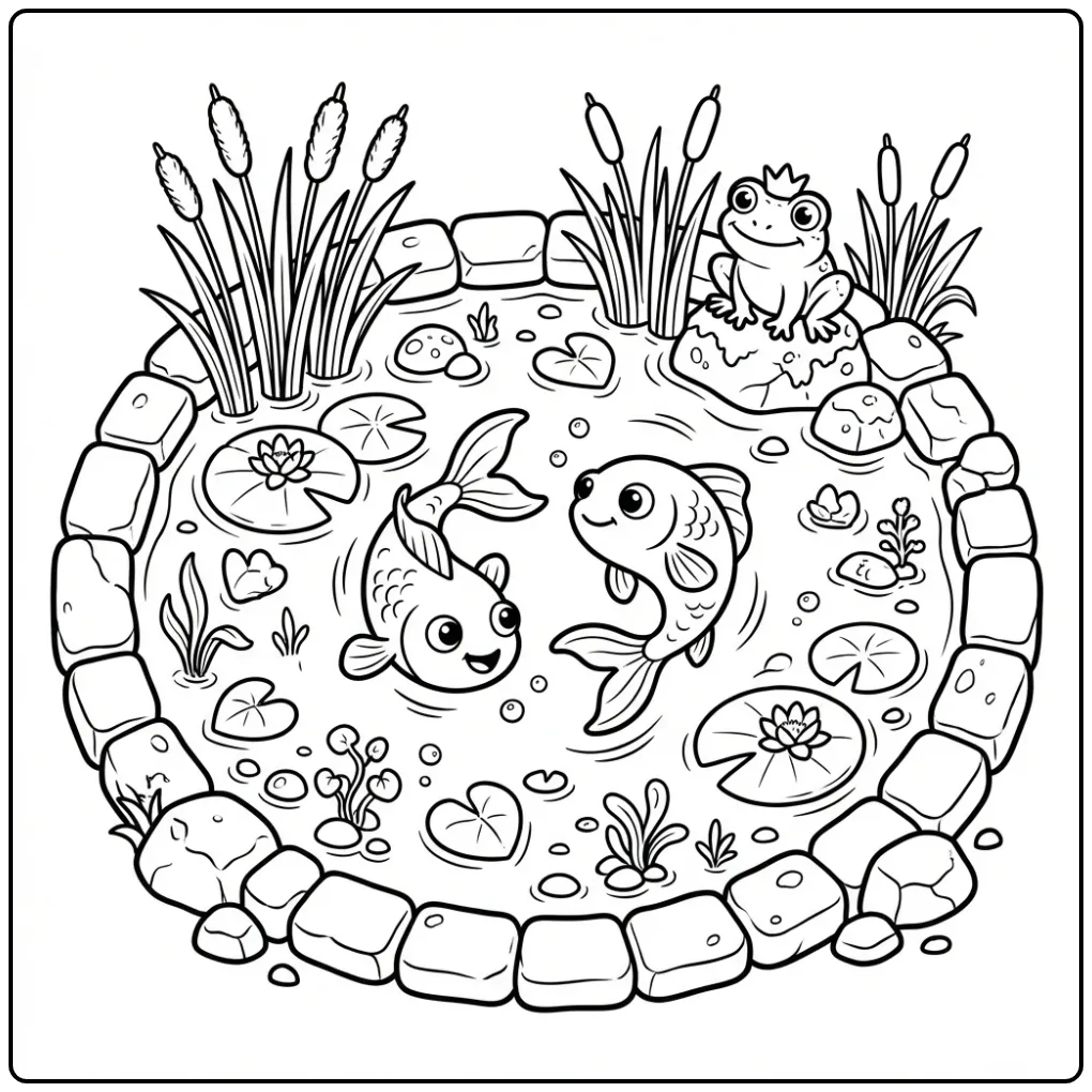 Schattige goudvis kleurplaat met twee vissen in een vijver