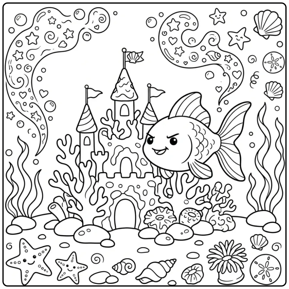 Schattige goudvis kleurplaat bij een koraalkasteel.