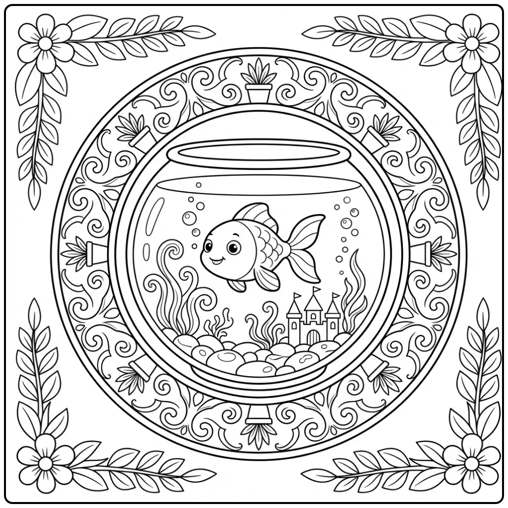 Leuke goudvis kleurplaat in een ronde kom met schelpen.