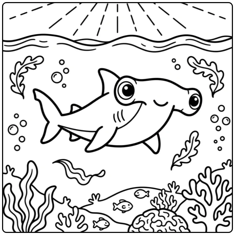 Leuke hamerhaai kleurplaat met bubbels en zeewier.