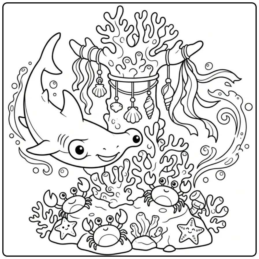 Speelse hamerhaai kleurplaat rond een versierde koraaltoren.