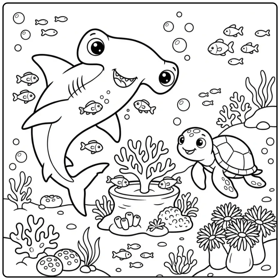 Cute hamerhaai kleurplaat met schildpad en koraalrif.