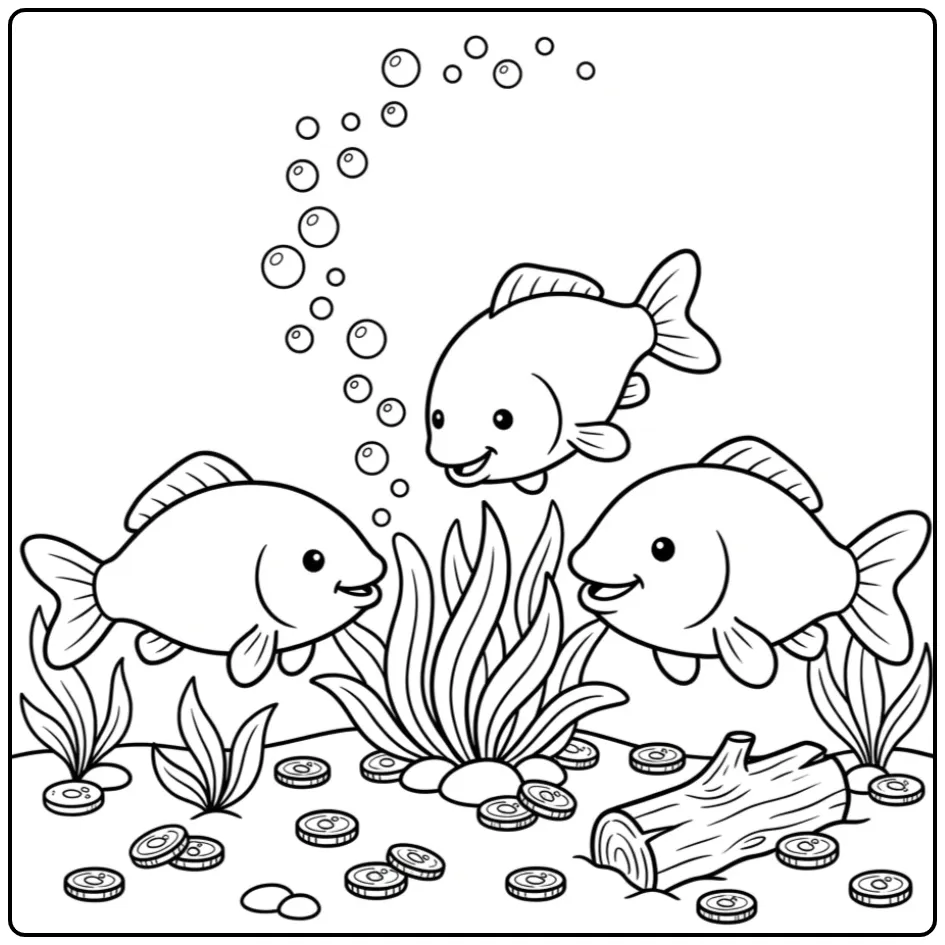 Schattige karper kleurplaat met drie vissen en bubbels.