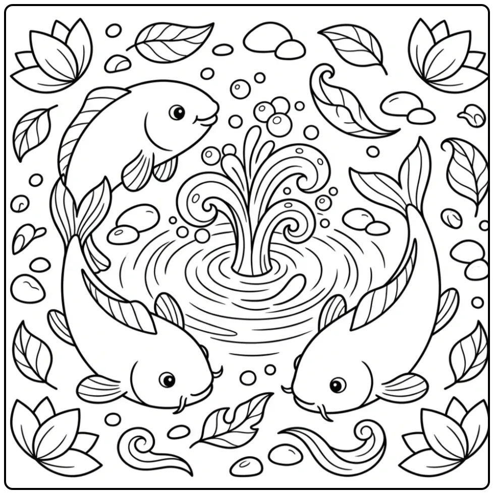 Schattige karper kleurplaat met twee vissen en lotusbloemen.