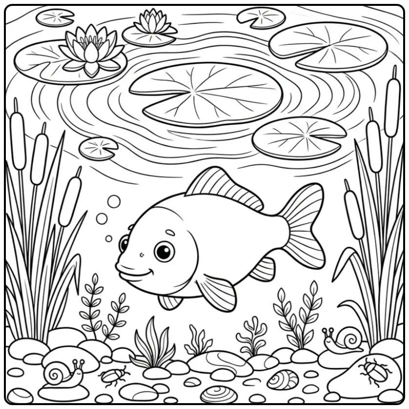 Schattige karper kleurplaat zwemmend tussen de lelies.