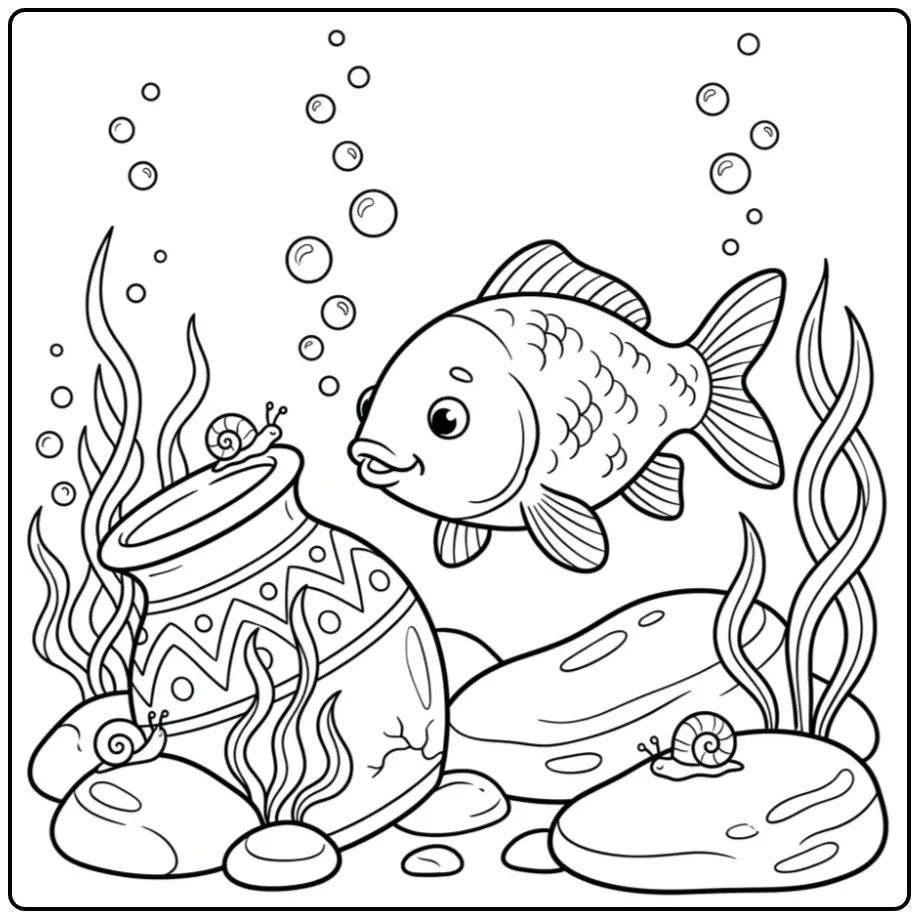 Schattige karper kleurplaat zwemmend bij een kleipot.