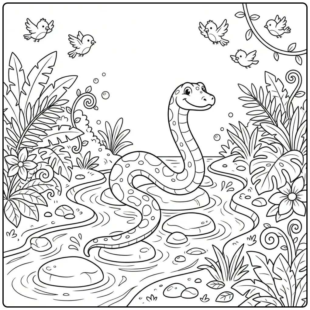 Schattige kleurplaat anaconda die een rivier oversteekt.