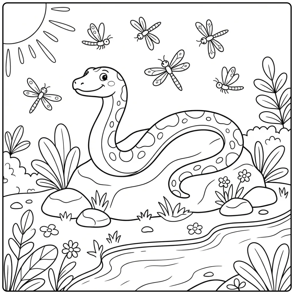 Een schattige kleurplaat anaconda op een warme steen.