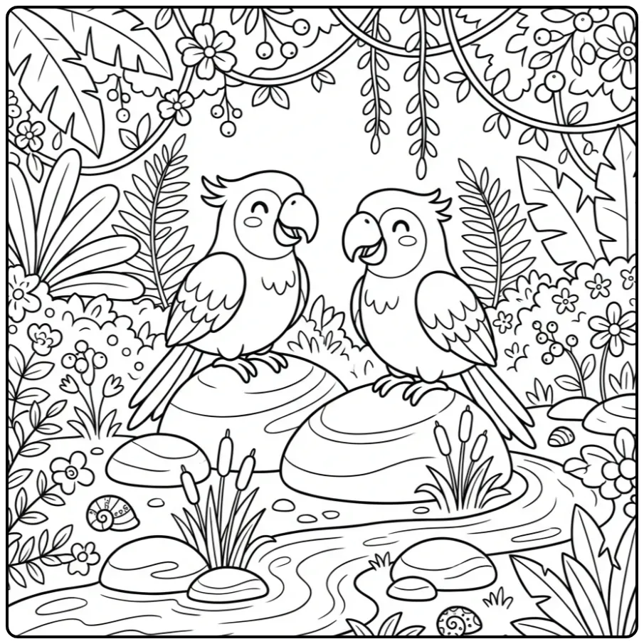 Een leuke kleurplaat ara met twee vogels aan het water.