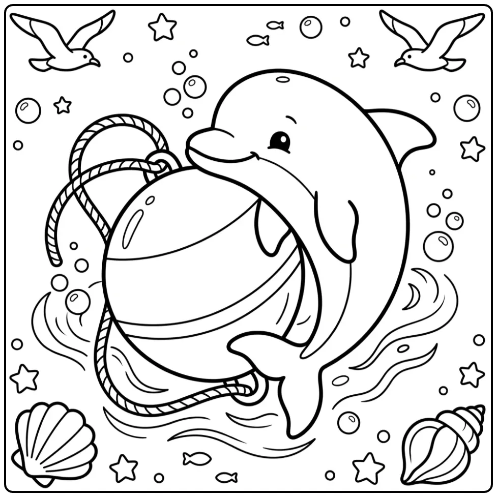 Leuke kleurplaat baby dolfijn zwemmend rond een boei.