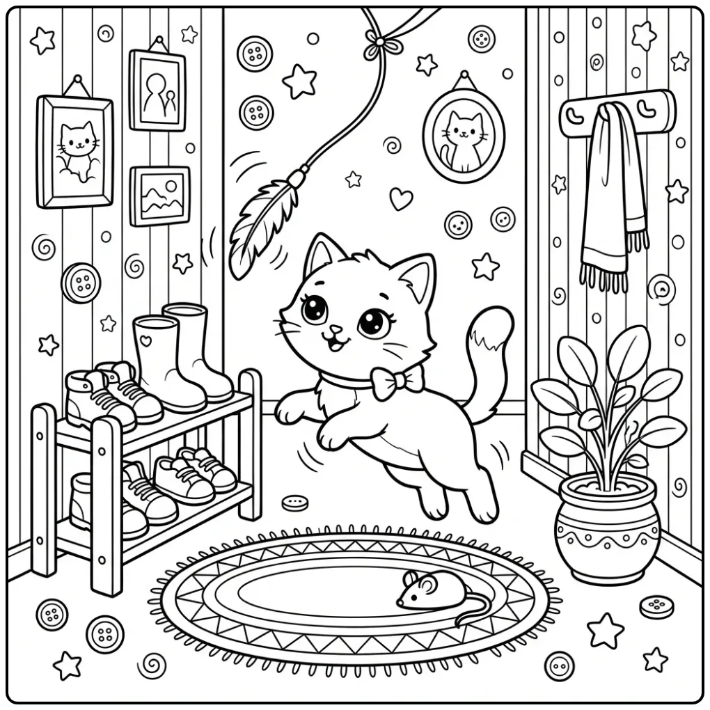 Schattige kleurplaat baby poes speelt met een veren speeltje