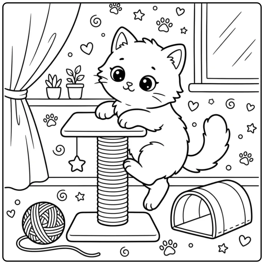 Schattige kleurplaat baby poes die op een krabpaal klimt.