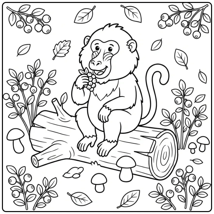 Kleurplaat baviaan op een boomstam tussen bessen en bladeren.