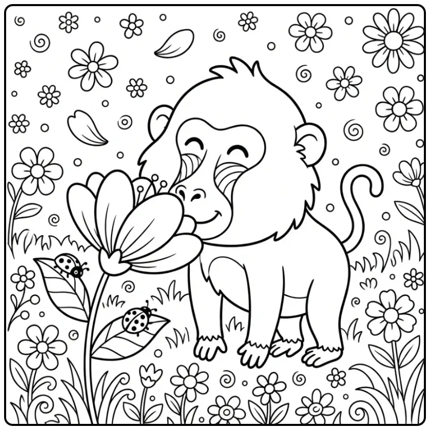 Een schattige kleurplaat baviaan ruikt aan een grote bloem.