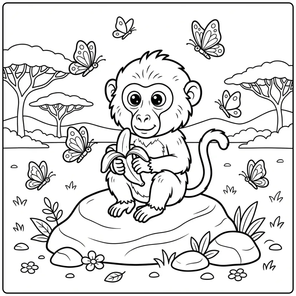 Schattige kleurplaat baviaan baby met banaan op een rots.