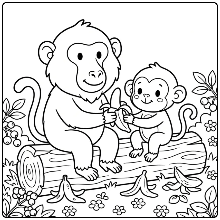 Leuke kleurplaat baviaan deelt fruit met een klein aapje.