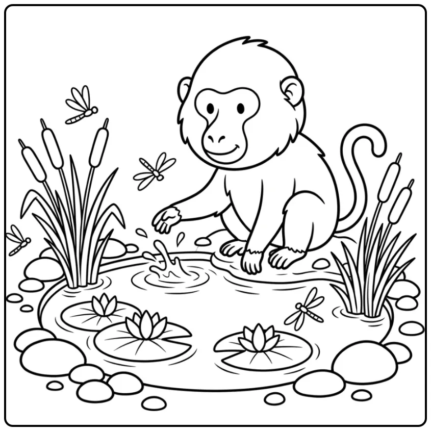 Een schattige kleurplaat baviaan bij een waterpoel met riet.