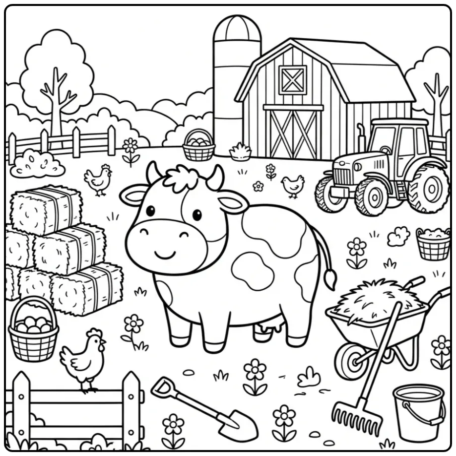 Leuke kleurplaat boerderij koeien met schuur en tractor.