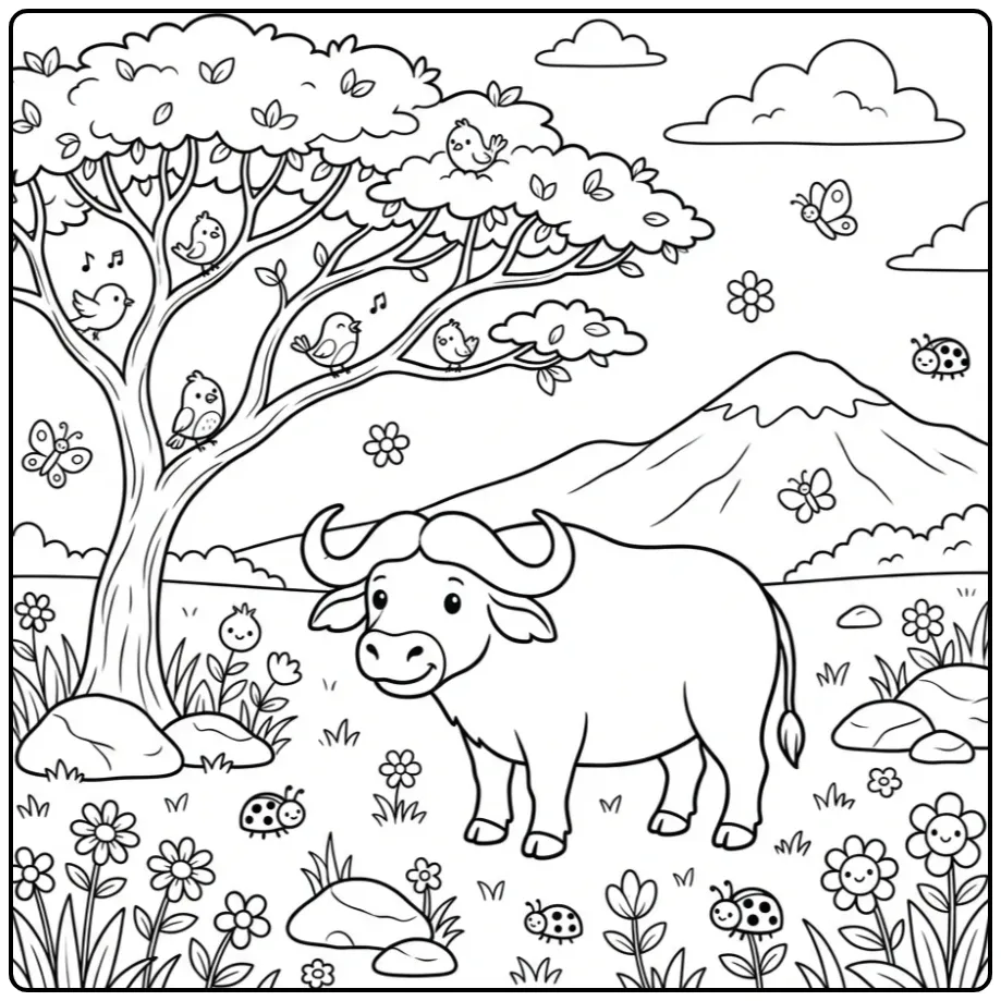 Leuke kleurplaat buffel in een landschap met bergen.