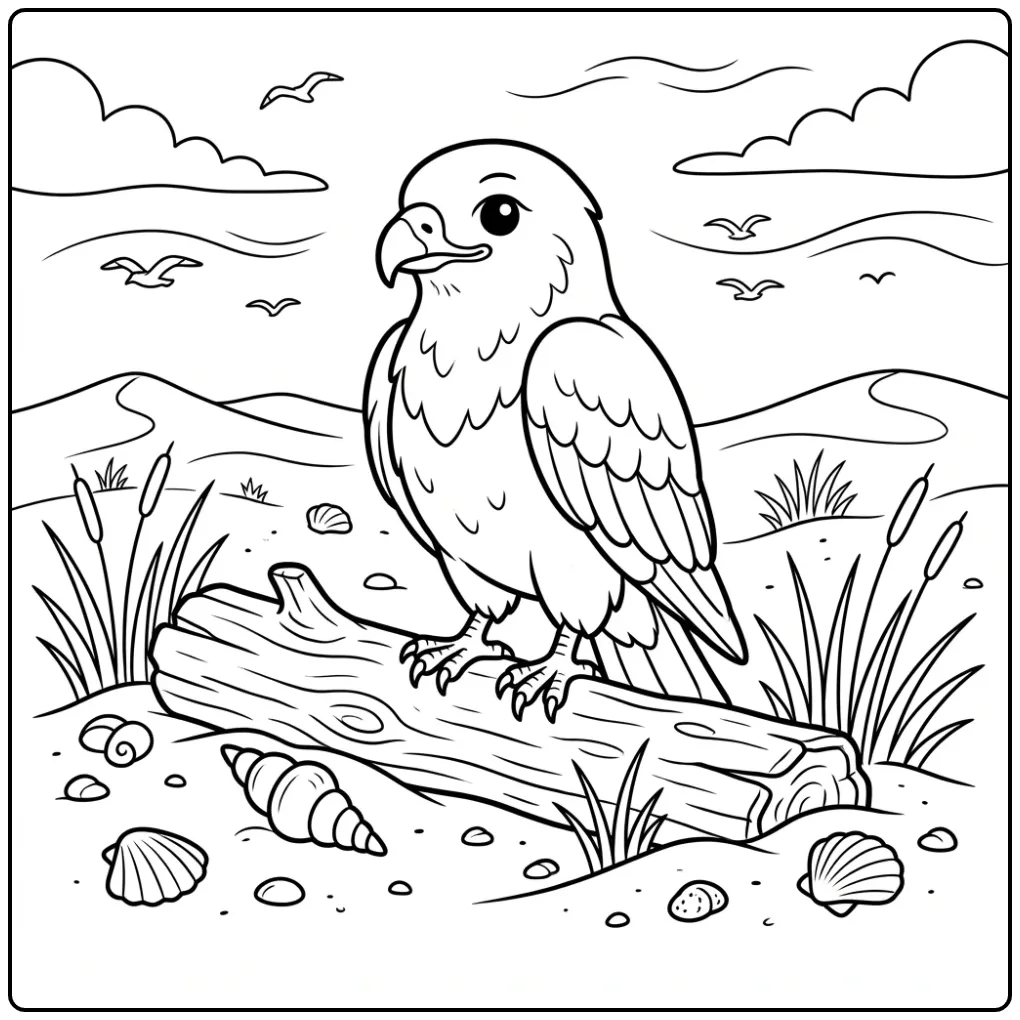 Schattige kleurplaat buizerd zittend op hout in de duinen.