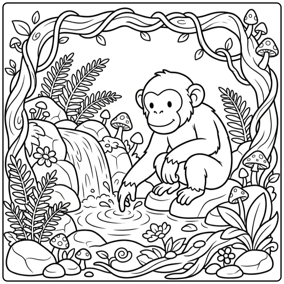 Een schattige kleurplaat chimpansee bij een waterval.