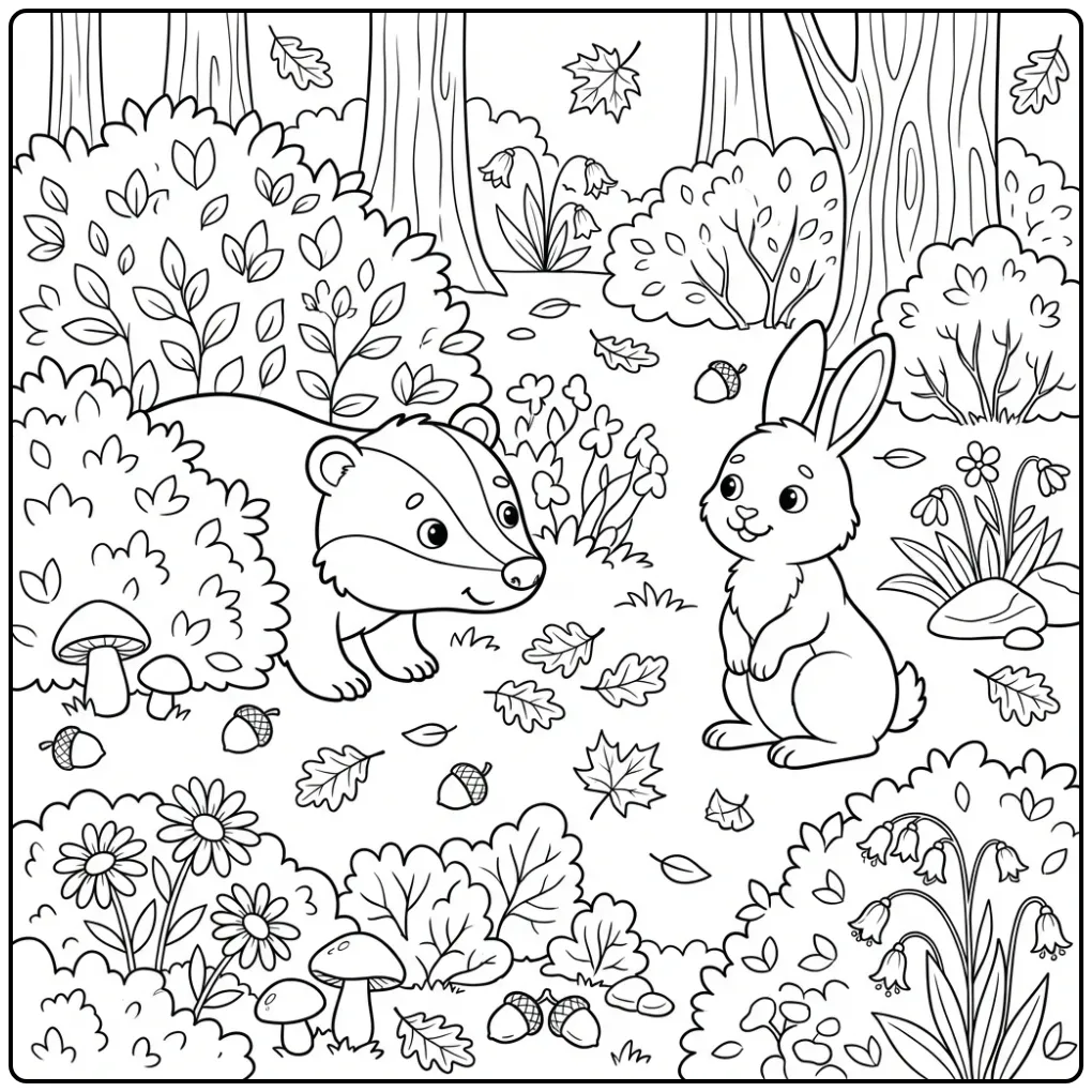 Een schattige kleurplaat das achter een struik met een konijn.