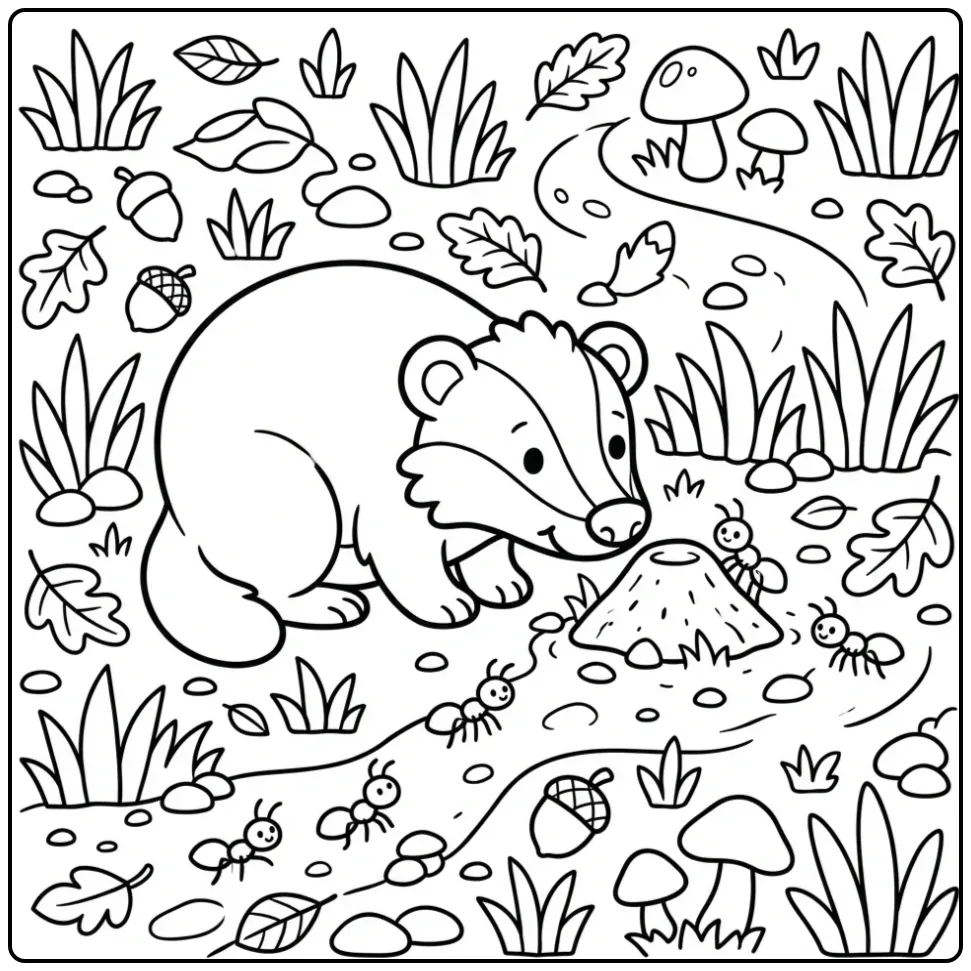 Schattige kleurplaat das bij een mierenhoop in het gras.