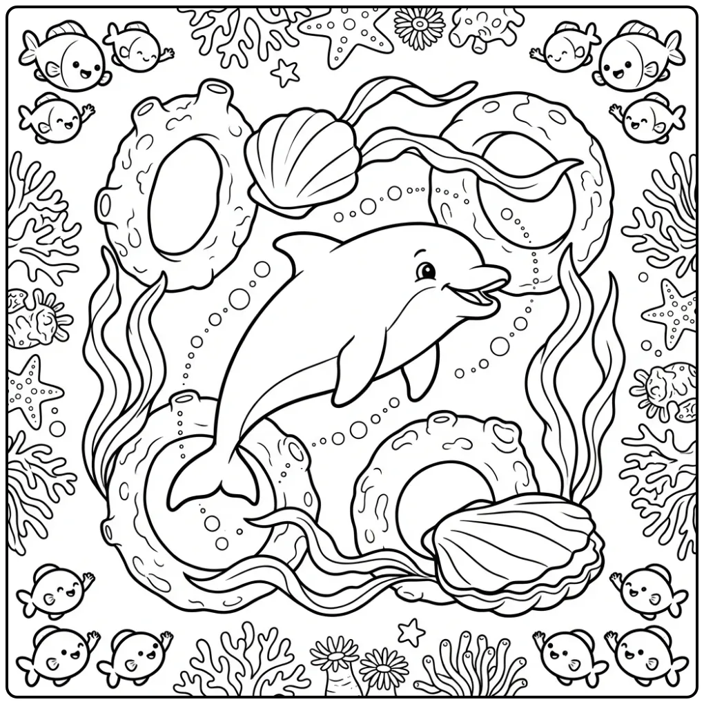 Een leuke kleurplaat dolfijn zwemt door ringen en koraal.
