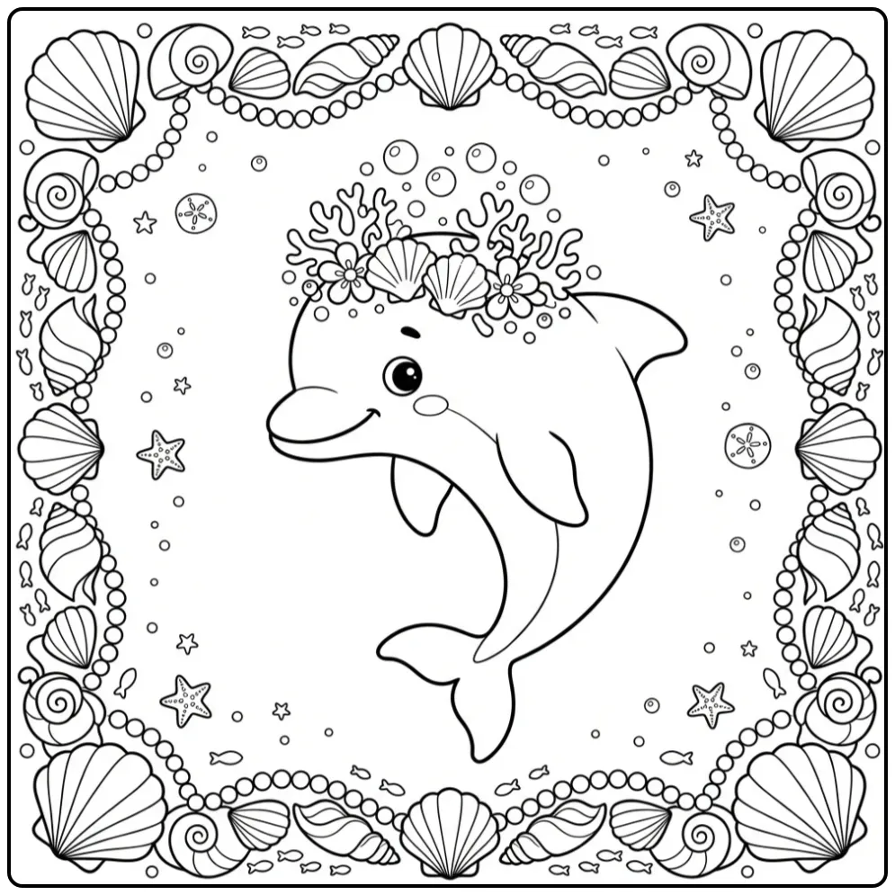 Schattige kleurplaat dolfijn met koraalkroon en schelpen
