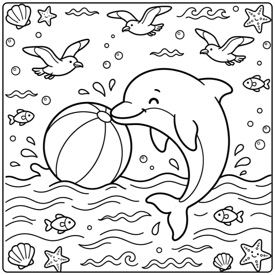 Een kleurplaat dolfijn schattig die speelt met een bal.