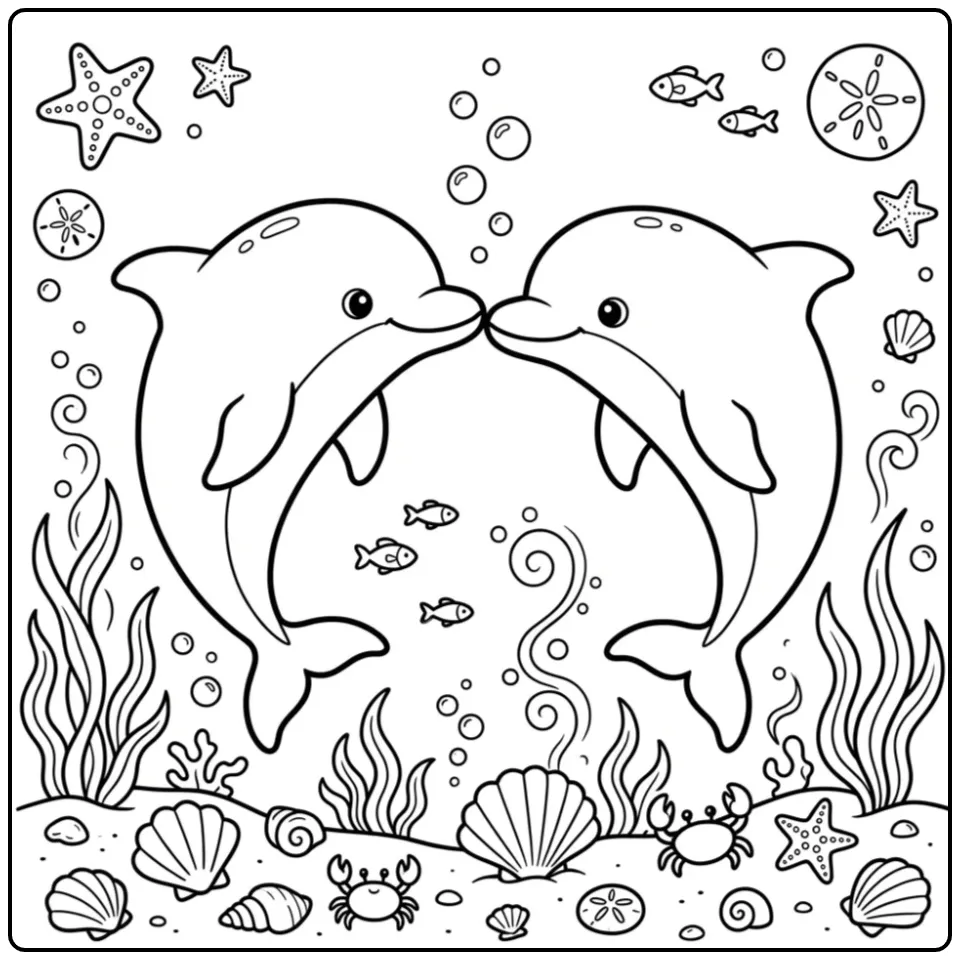 Kleurplaat dolfijn schattig: neusjes aanraken onder water.