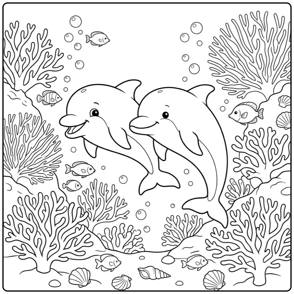 Een leuke kleurplaat dolfijn met twee vrienden in het koraal.