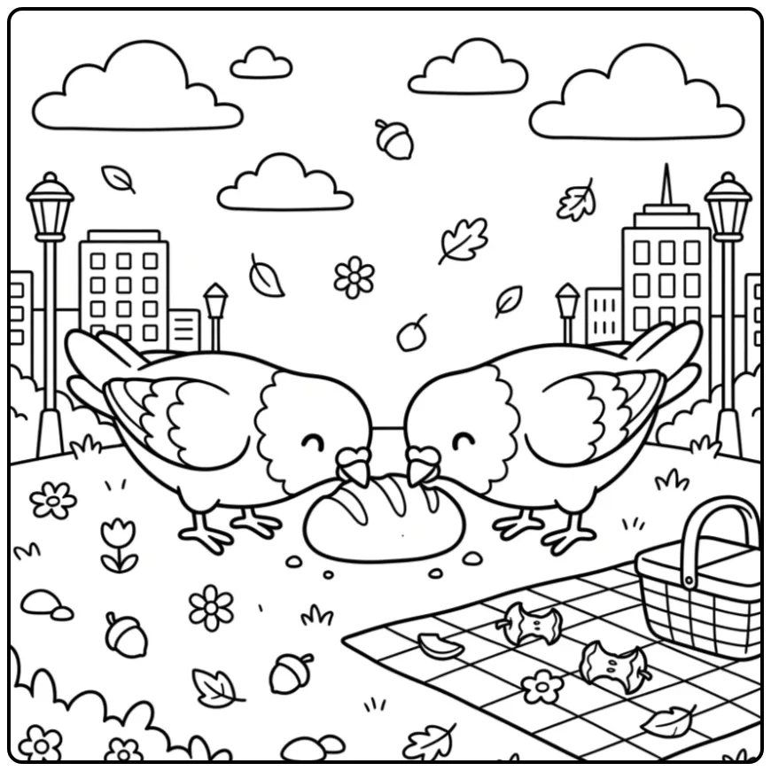 Schattige kleurplaat duif die broodkruimels deelt in park.