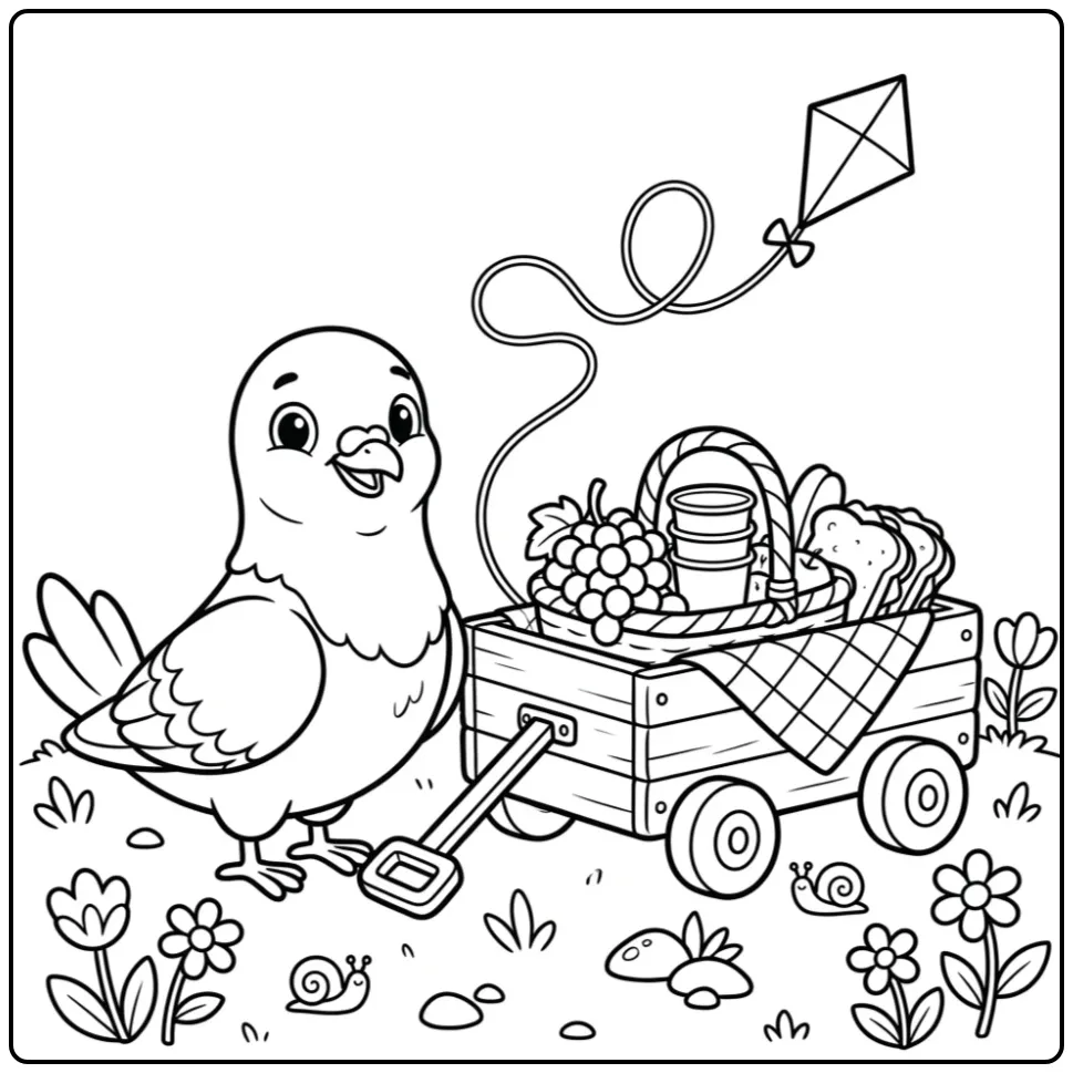 Schattige kleurplaat duif met picknickwagen en druiven.