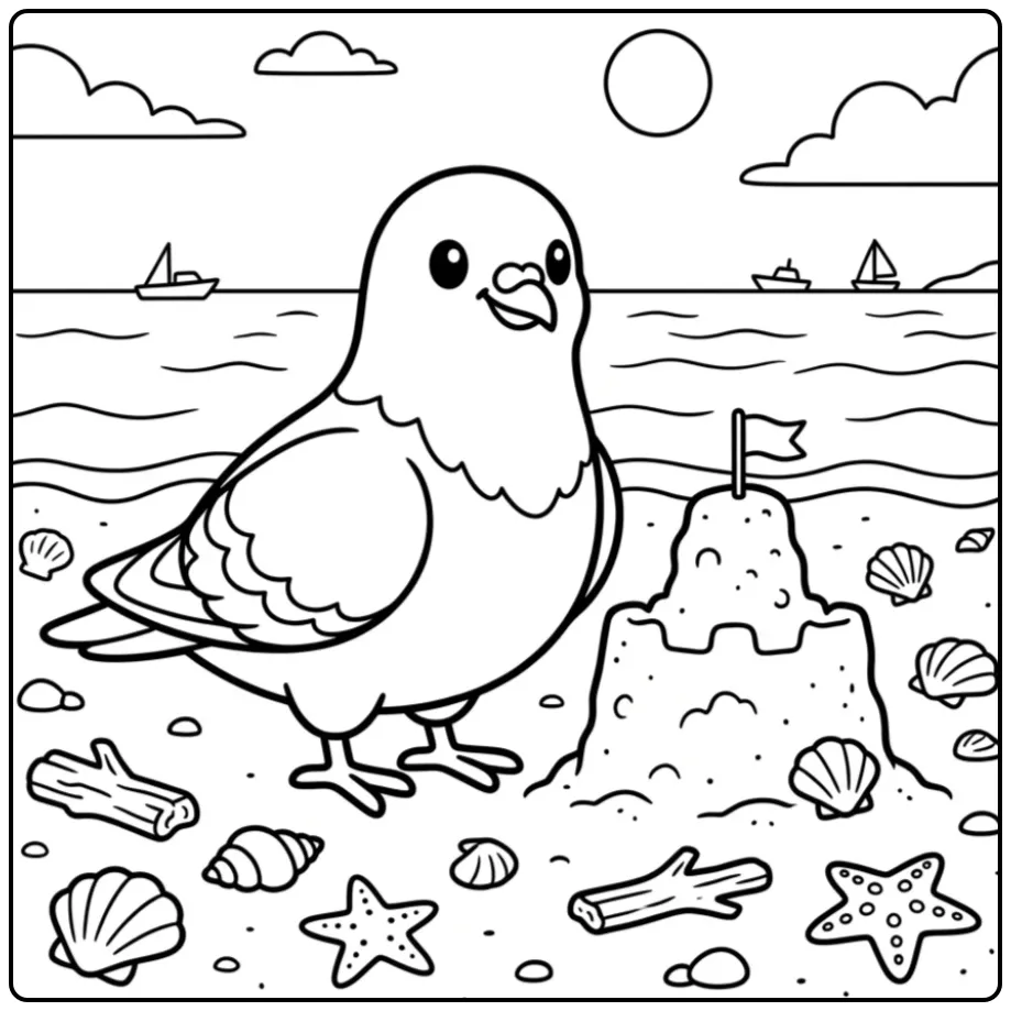 Leuke kleurplaat duif met een zandkasteel op het strand.