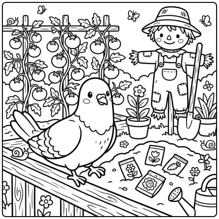 Schattige kleurplaat duif landt op een hek in de moestuin.