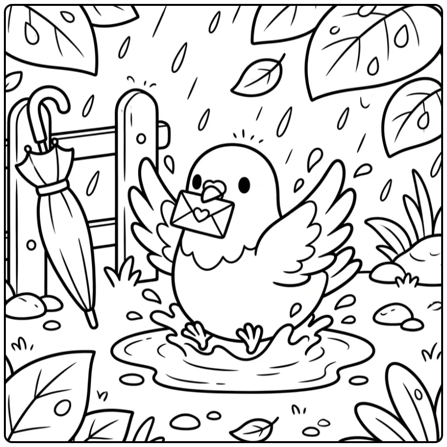 Schattige kleurplaat duif spetterend in een kleine regenplas.