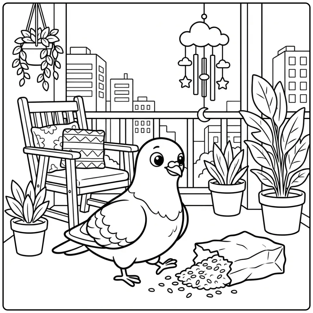 Schattige kleurplaat duif op een balkon met vogelzaad.