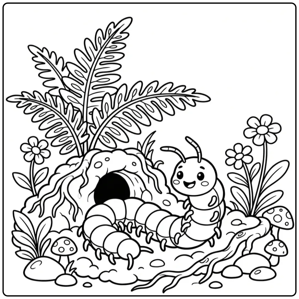 Schattige kleurplaat duizendpoot onder een groot varenblad.