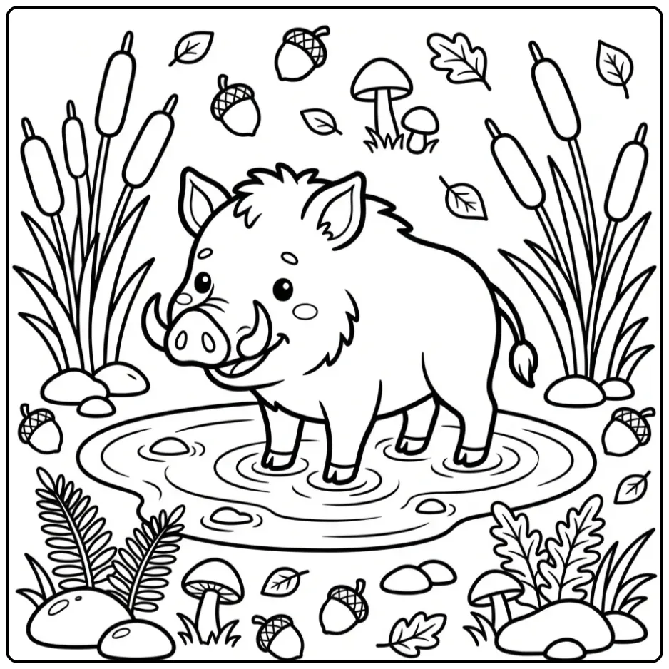Schattige kleurplaat everzwijn in een modderpoel met eikels.