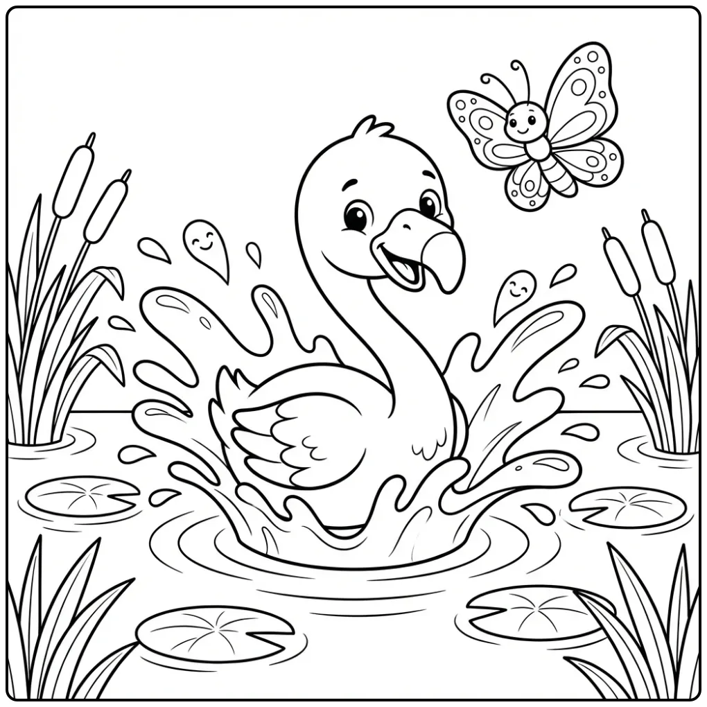 Kleurplaat flamingo schattig spetterend in de lagune.