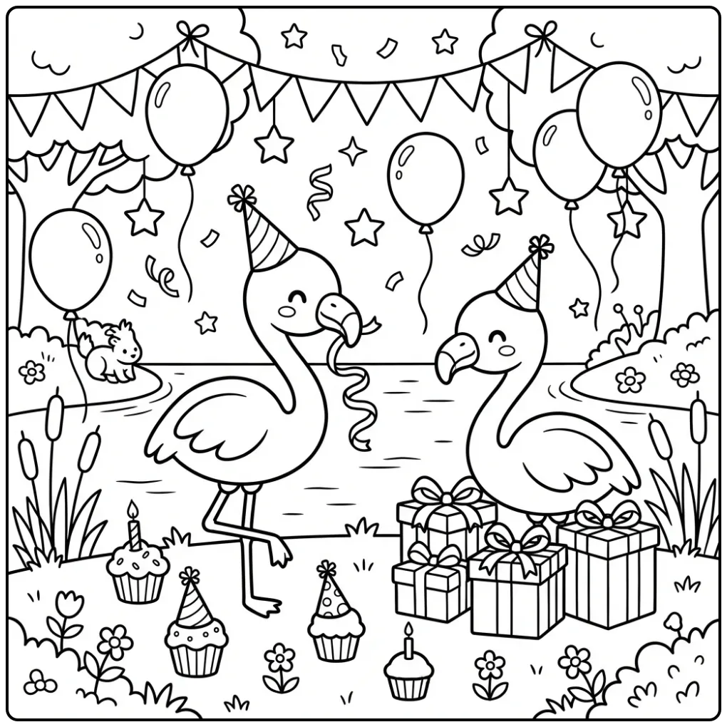 Leuke kleurplaat flamingo verjaardag met taartjes en ballonnen