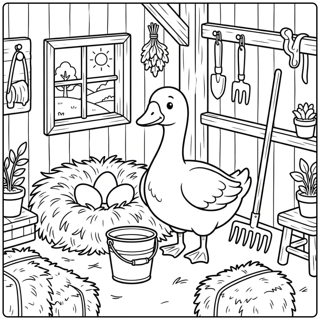 Schattige kleurplaat gans in een gezellige schuur met nest.
