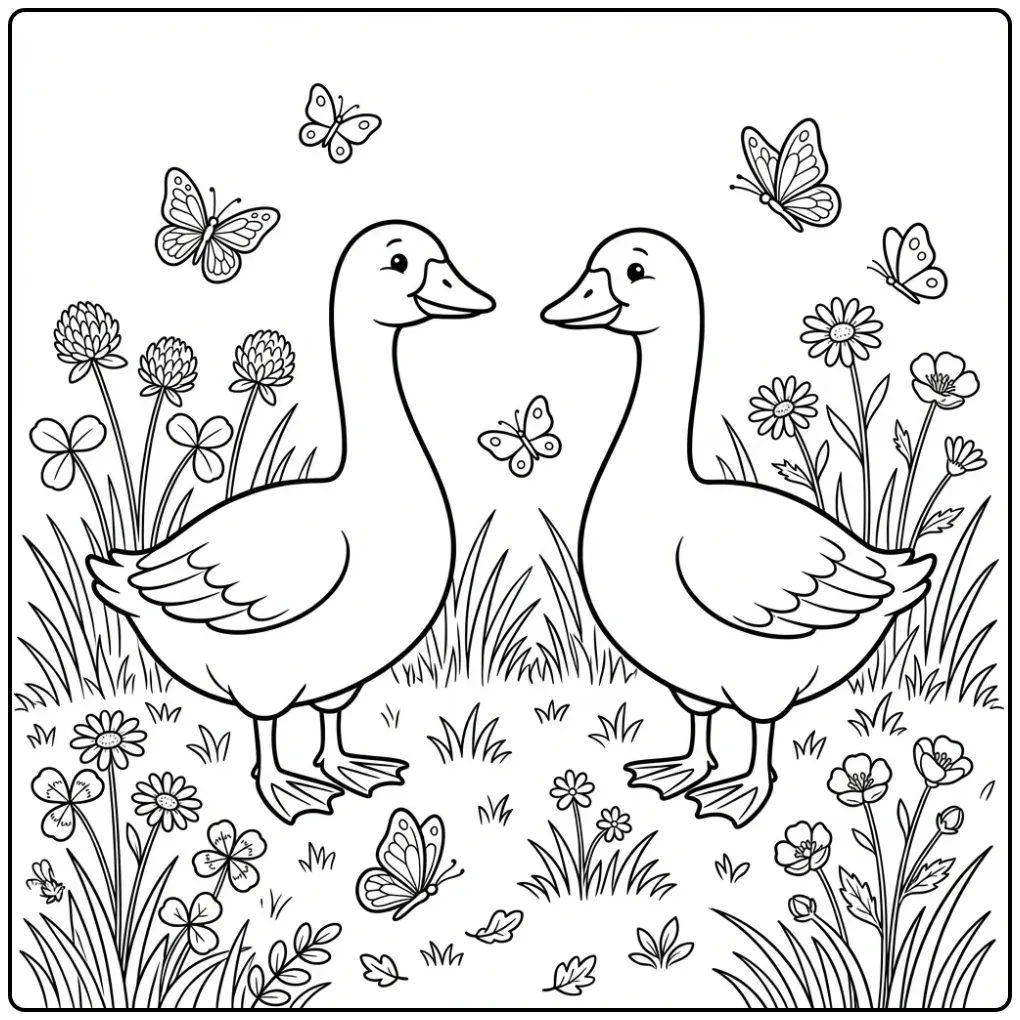 Kleurplaat gans: twee vrolijke ganzen in een bloemenwei.