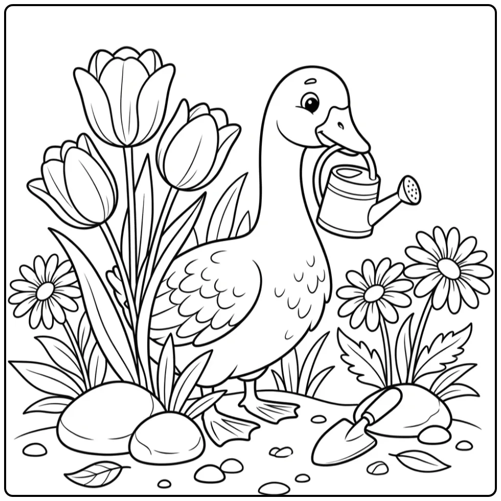 Een schattige kleurplaat gans in een tuin met tulpen en bloemen.