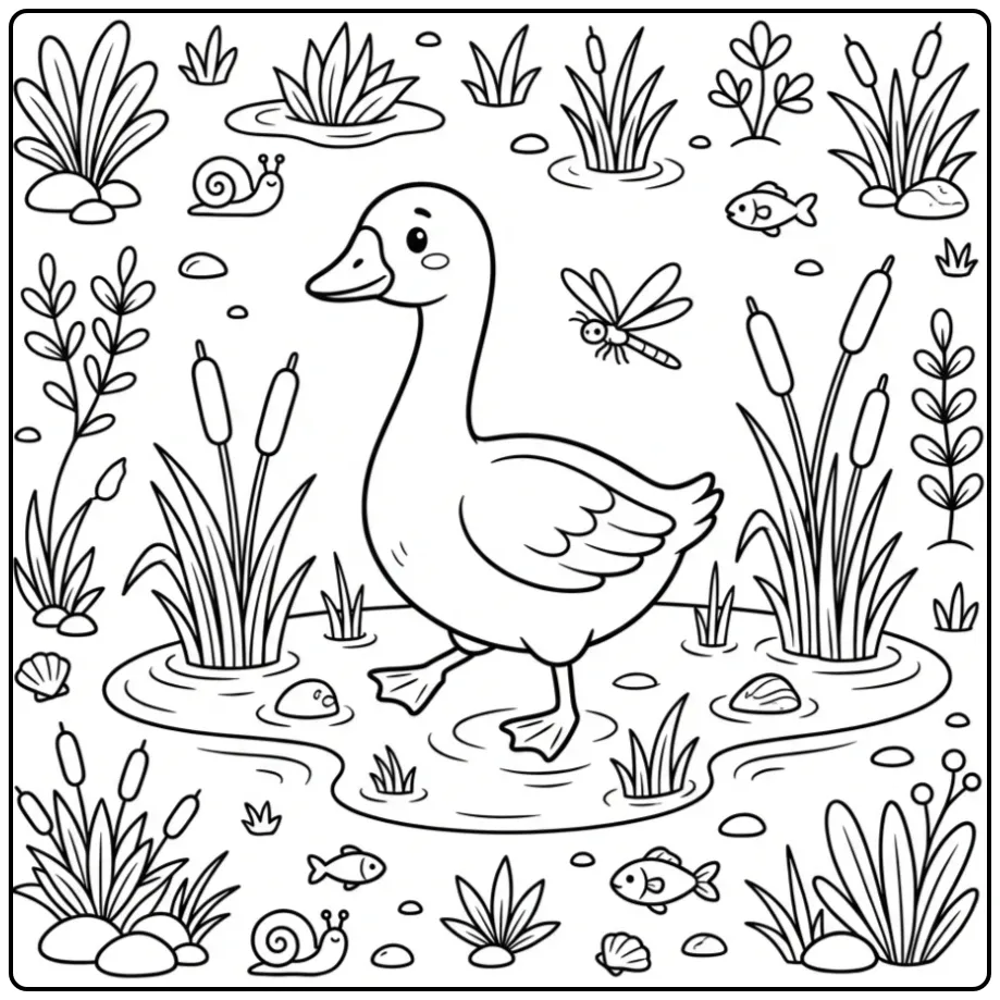 Een schattige kleurplaat gans in een moeras met riet en water.