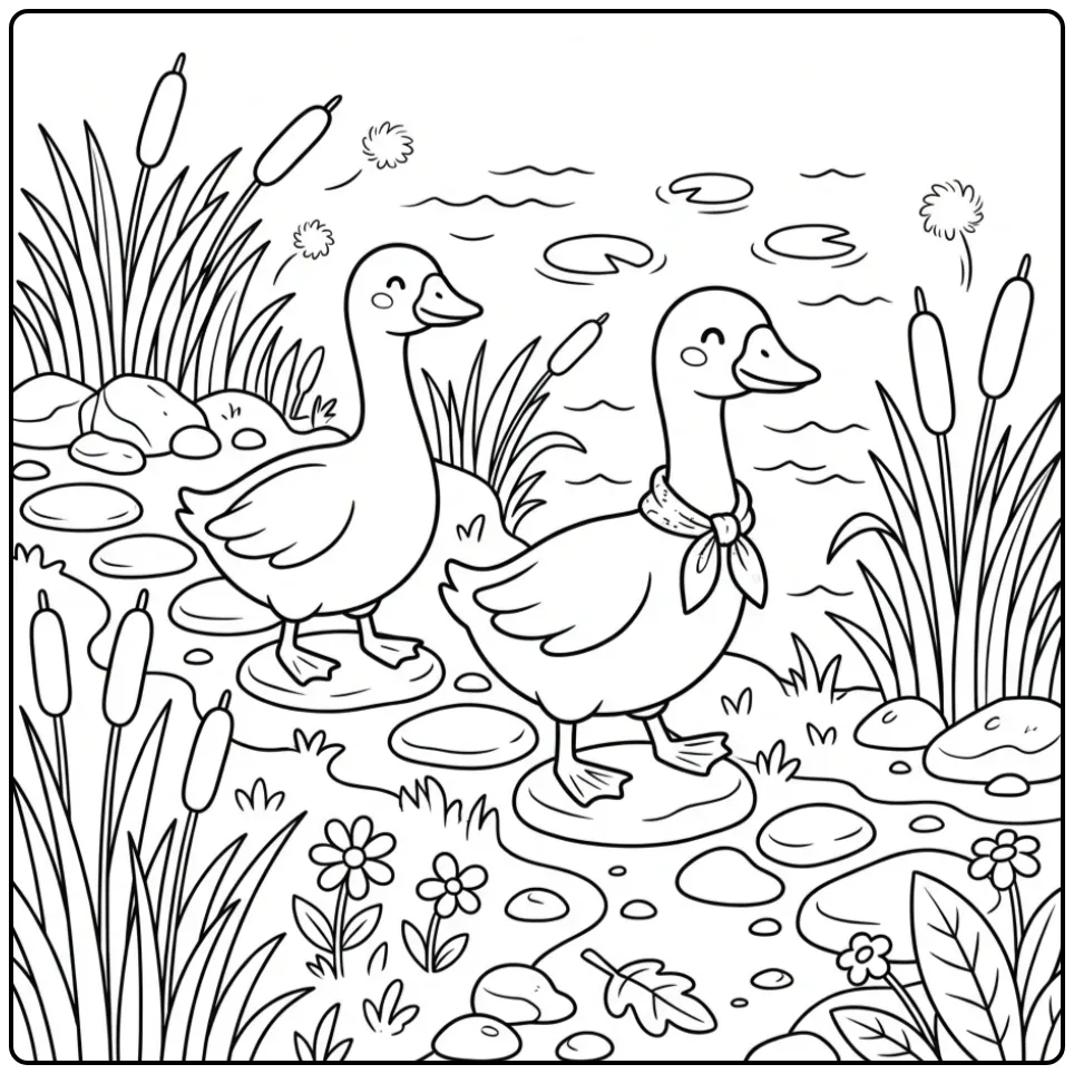 Schattige kleurplaat gans en vriend lopen langs het water.