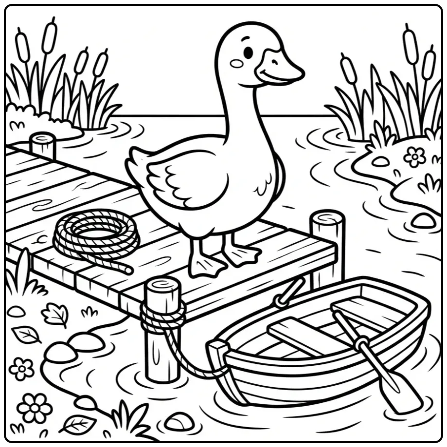 Een leuke kleurplaat gans bij een bootje en water.