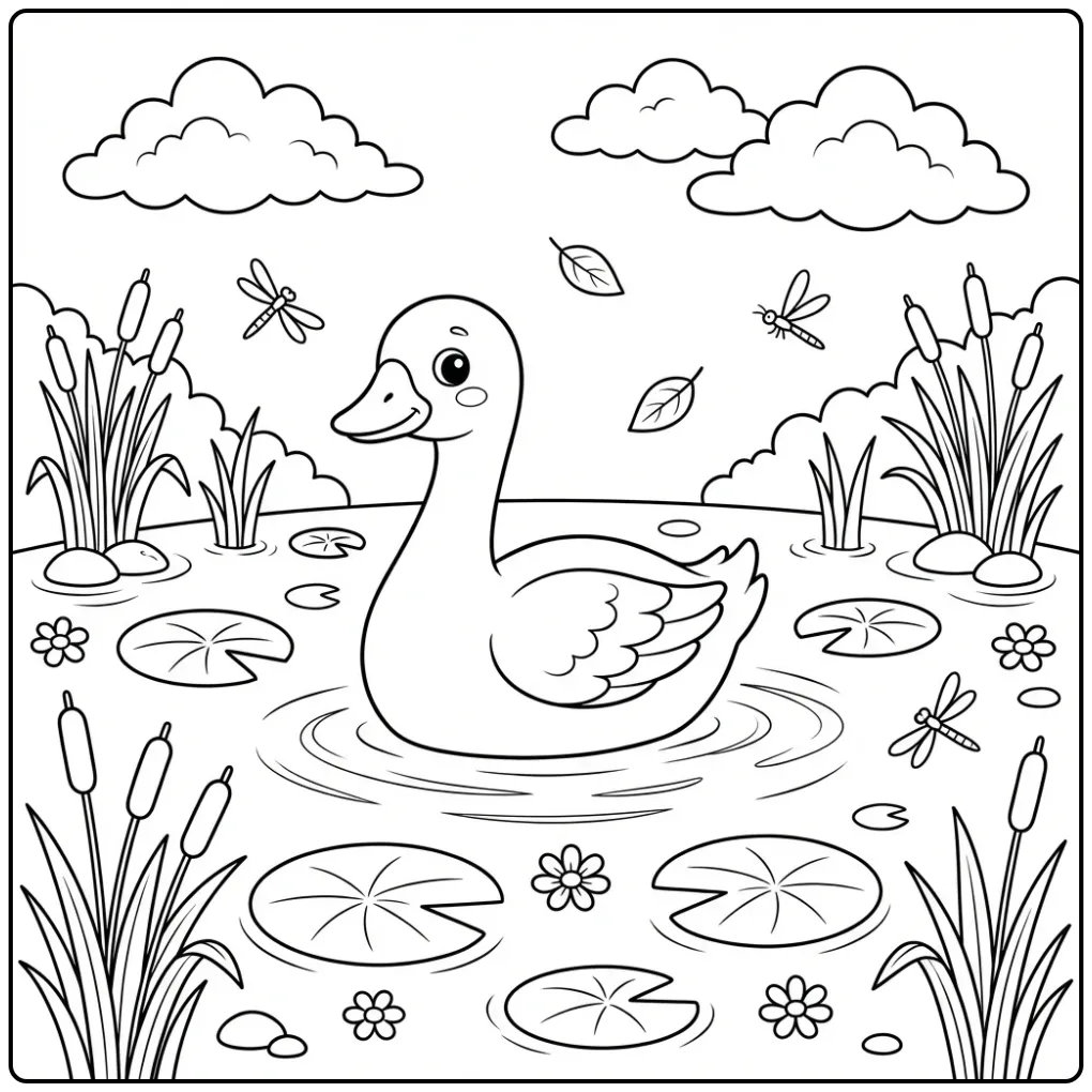 Leuke kleurplaat gans in vijver met riet en wolken.