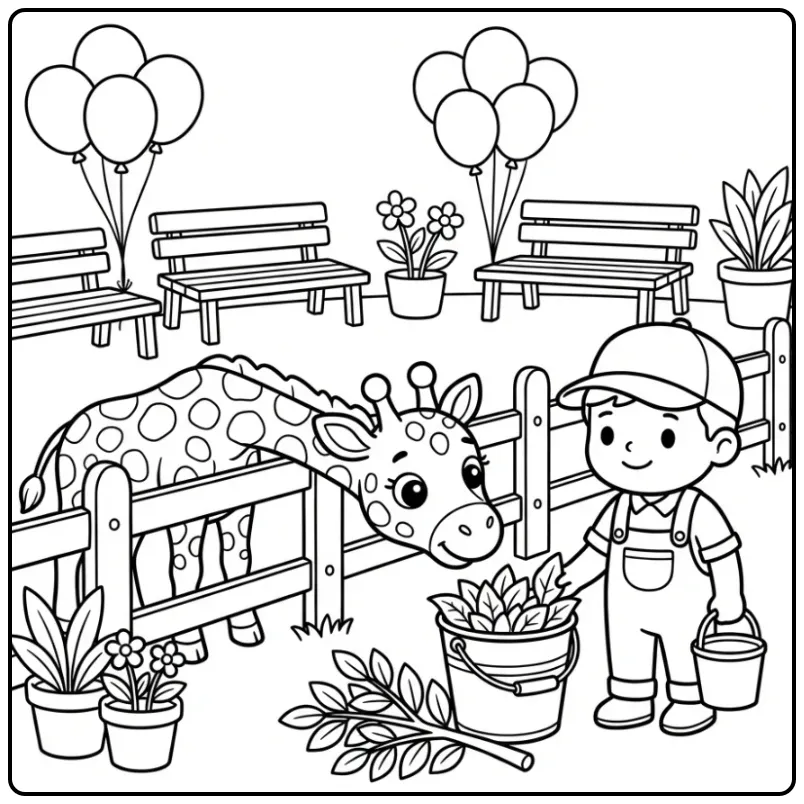 Schattige kleurplaat giraffe bij een hek met lekkere blaadjes